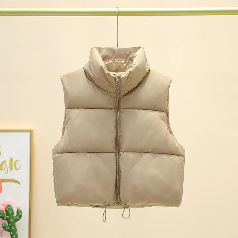 Krótka kamizelka puchowa damska bez rękawów ze stójką — zimowa Khaki
