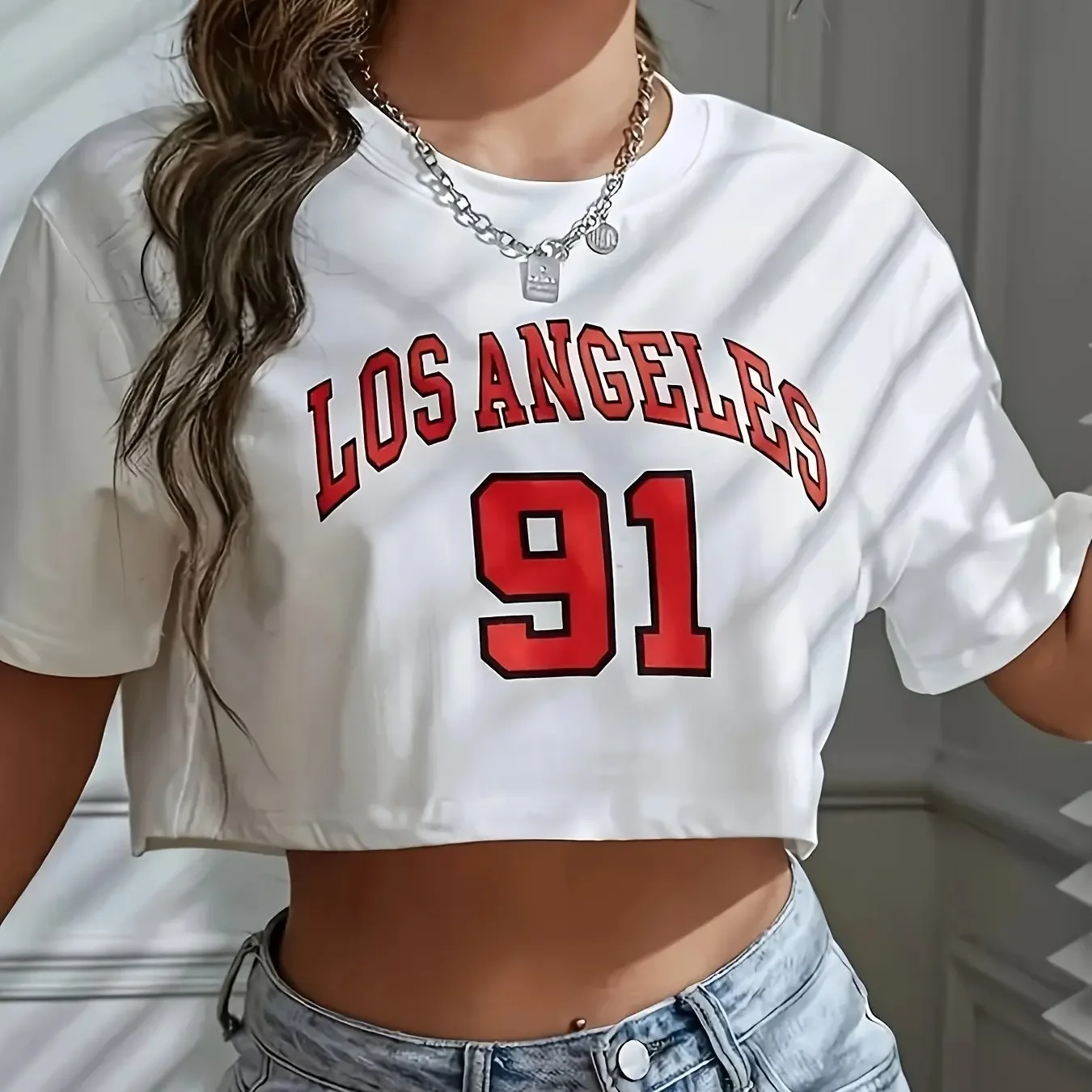 Krótka koszulka damska crop top z nadrukiem Los Angeles White919