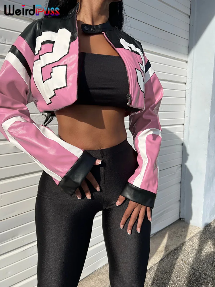 Krótka kurtka damska z ekoskóry w stylu college streetwear Różowy