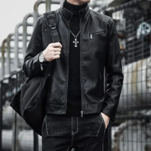 Krótka kurtka skórzana męska slim fit — czarna i brązowa Czarny