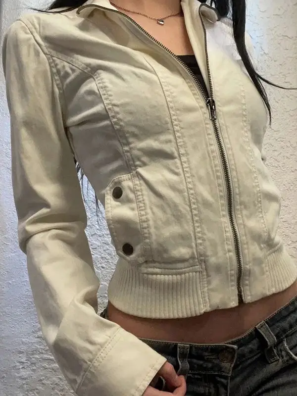 Krótka kurtka z zamkiem Y2K Streetwear dla kobiet Brązowy