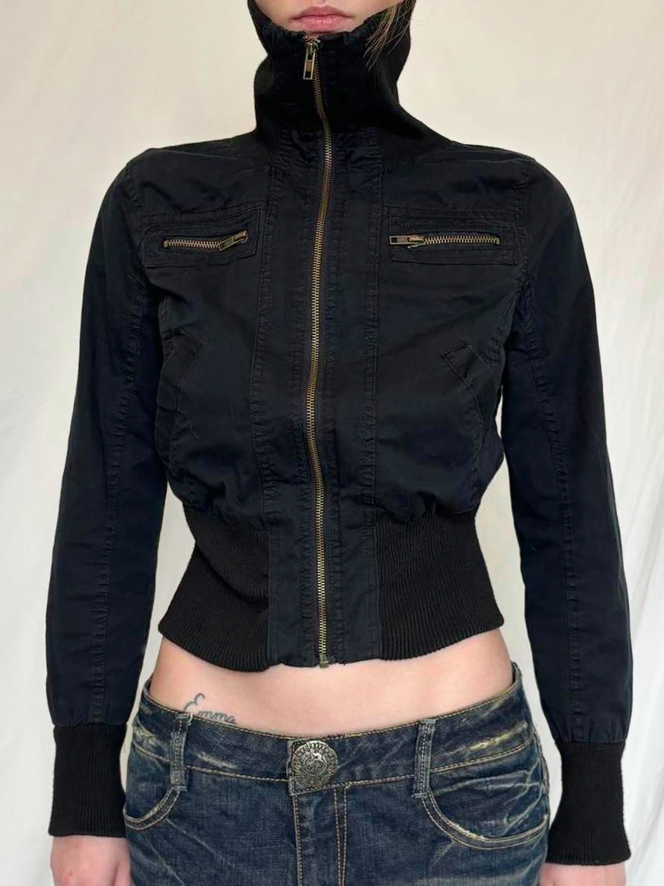 Krótka kurtka z zamkiem Y2K Streetwear dla kobiet Szary