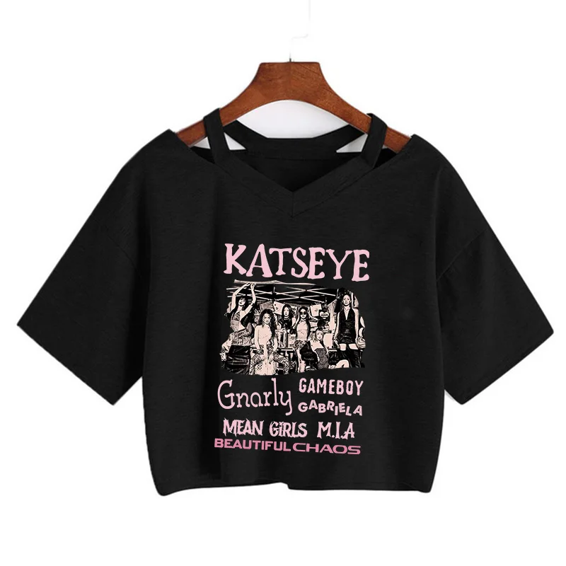 Krótki top damski z grafiką w stylu Y2K Czarny04