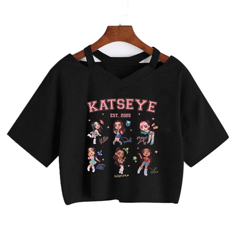 Krótki top damski z grafiką w stylu Y2K Czarny15