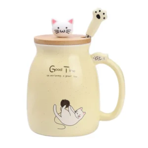 Kubek ceramiczny Kot z pokrywką i łyżeczką 470 ml żółty
