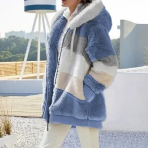 Damska kurtka oversize pluszowa z kapturem — ciepła bluza streetwear jesień-zima Niebieski