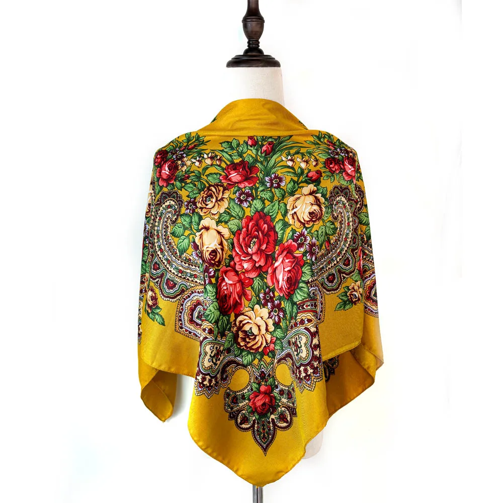 Kwadratowa chusta na głowę w kwiaty 100×100 cm Turmeric