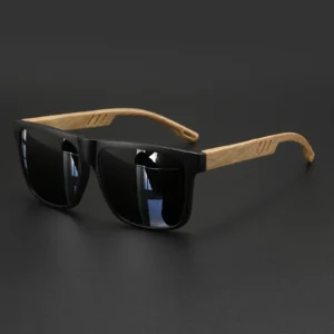 Kwadratowe okulary przeciwsłoneczne unisex w drewnianej oprawie UV400 Czarny