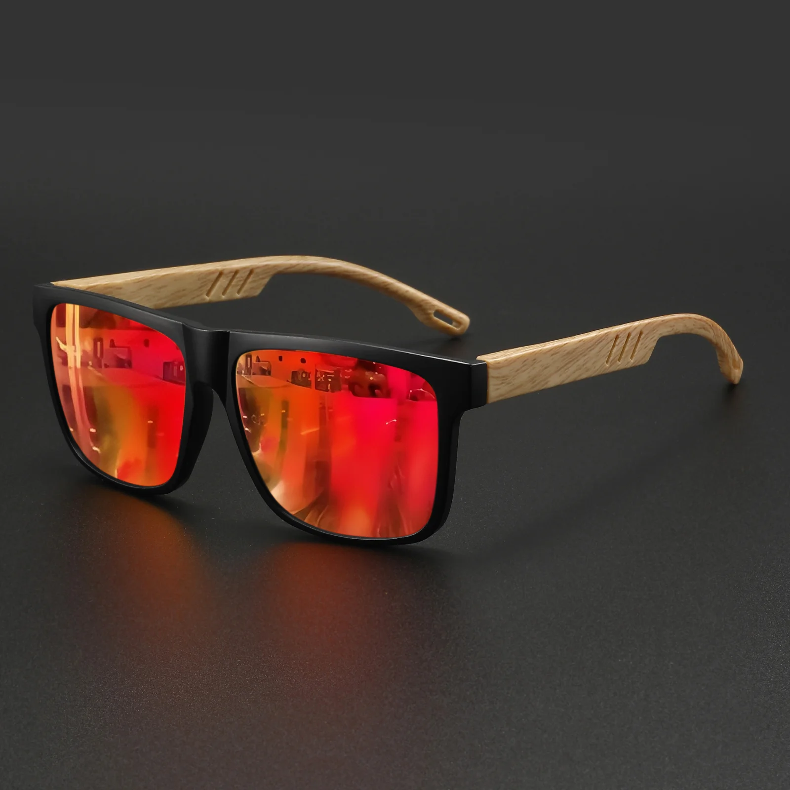 Kwadratowe okulary przeciwsłoneczne unisex w drewnianej oprawie UV400 Czerwony