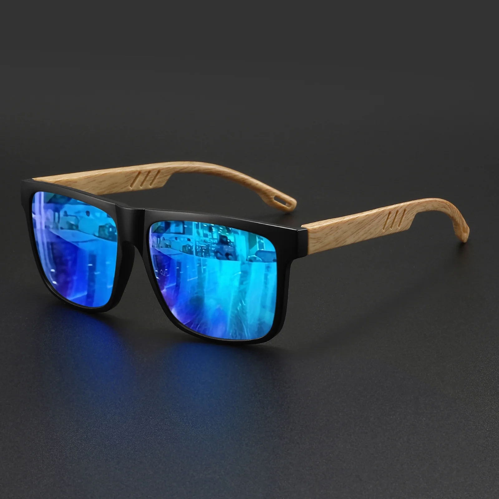 Kwadratowe okulary przeciwsłoneczne unisex w drewnianej oprawie UV400 Niebieski
