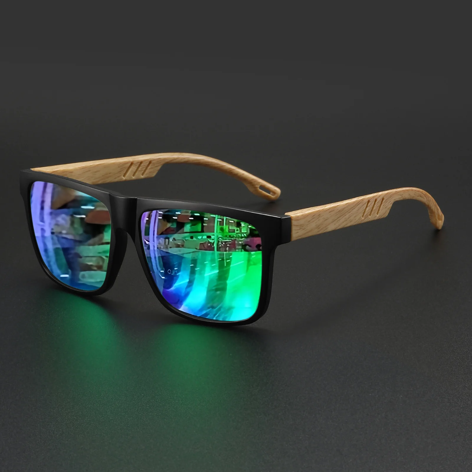 Kwadratowe okulary przeciwsłoneczne unisex w drewnianej oprawie UV400 Zielony
