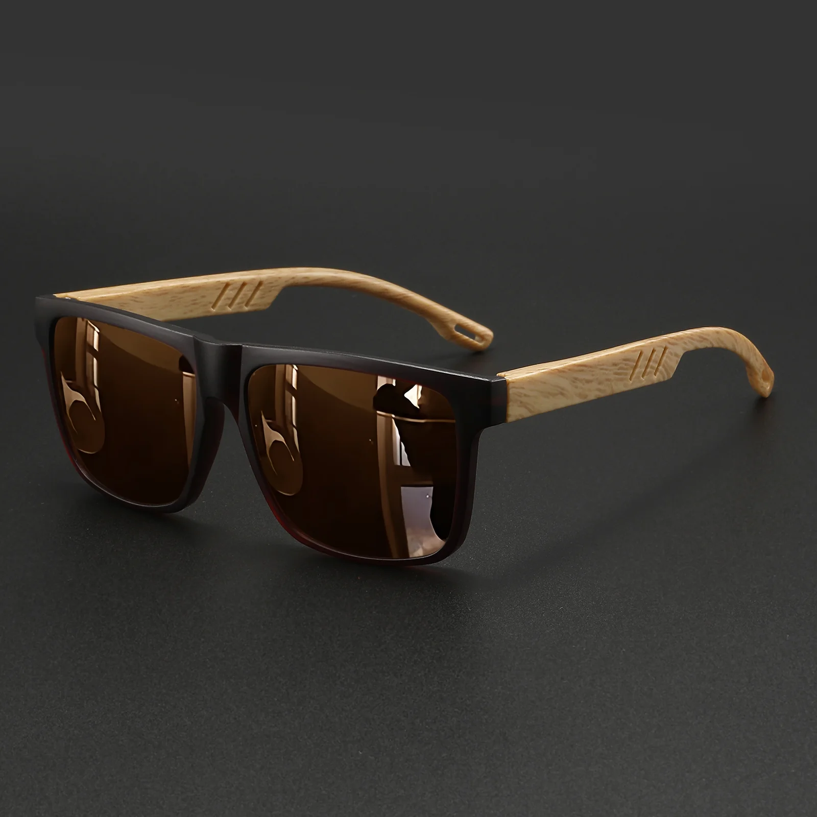 Kwadratowe okulary przeciwsłoneczne unisex w drewnianej oprawie UV400 Brązowy