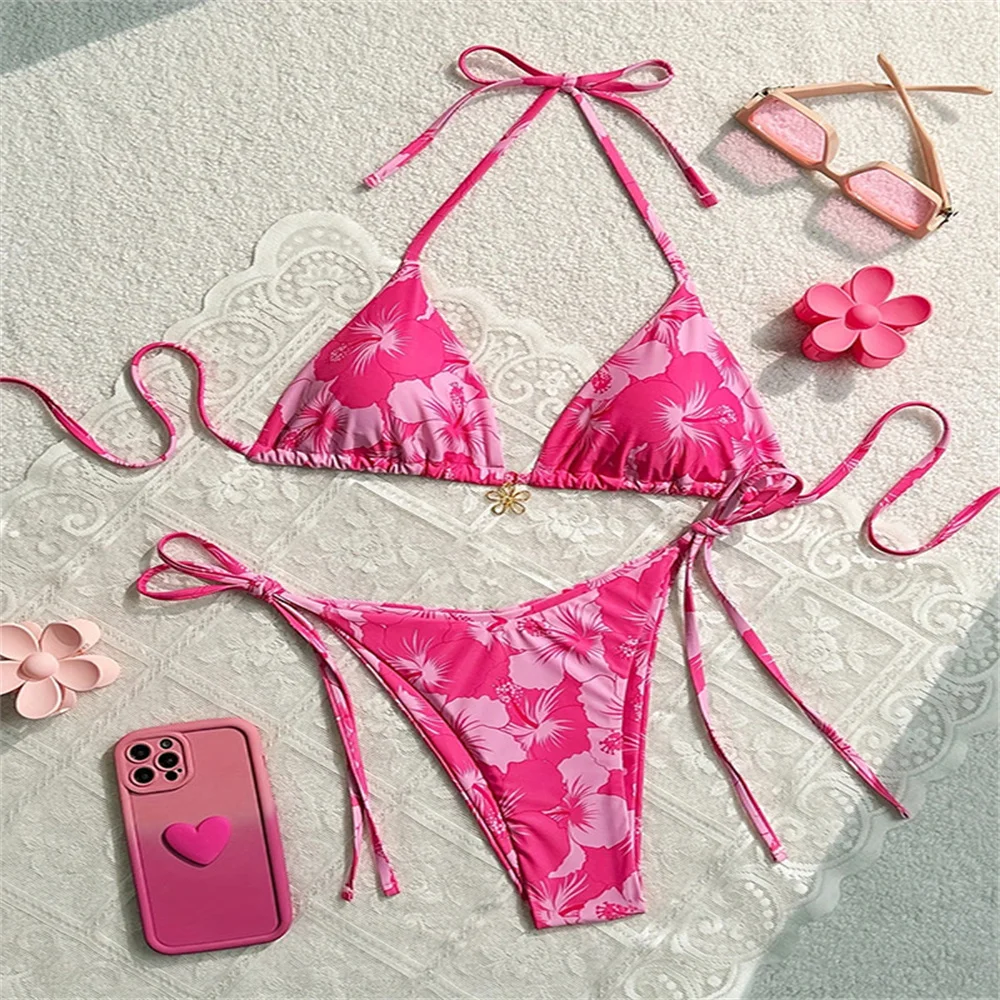 Kwiatowe bikini push-up na sznurkach bez pleców Beżowy