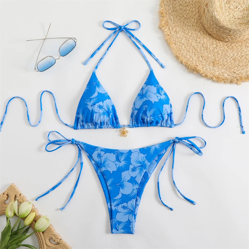 Kwiatowe bikini push-up na sznurkach bez pleców Czarny