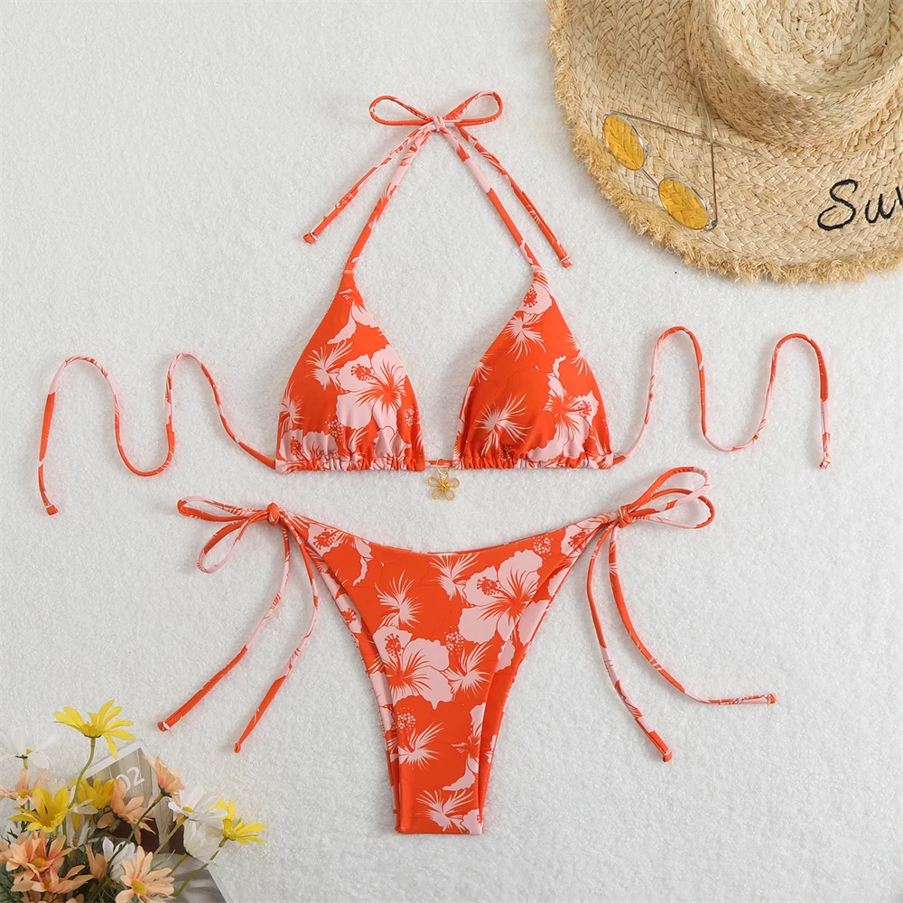 Kwiatowe bikini push-up na sznurkach bez pleców Niebieski