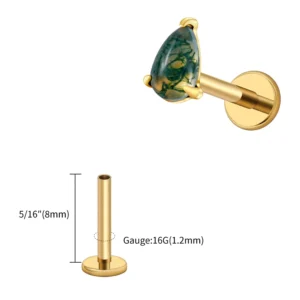 Labret z agatem gruszkowatym — tytan ASTM F136 16G do piercingu chrząstki Czarny ocynkowany