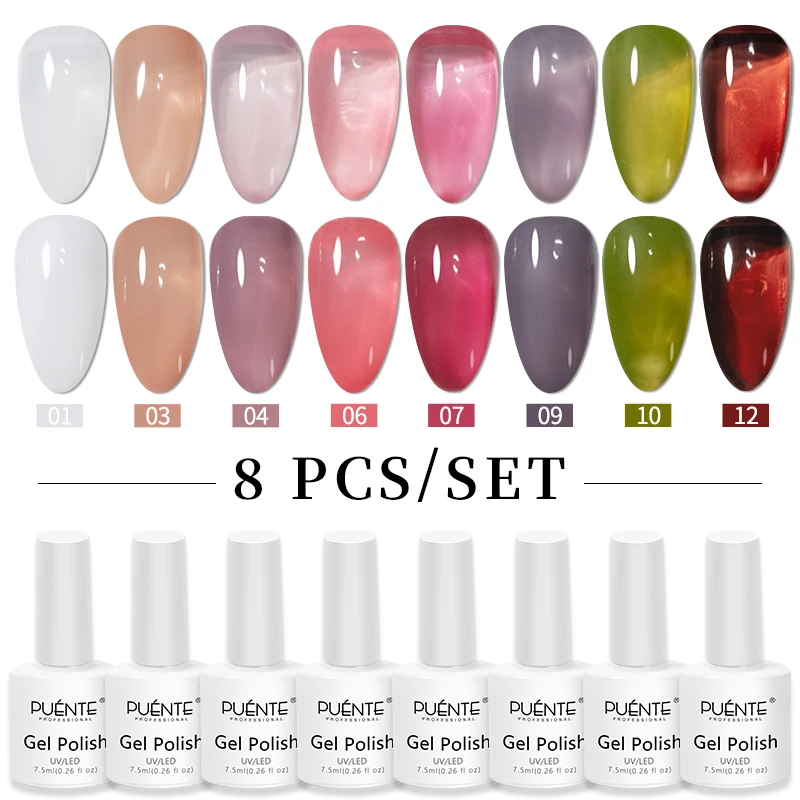 Lakiery hybrydowe Cat Eye PUENTE z magnesem – zestaw 6 szt. Milky jelly set 1