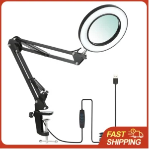 Lampa biurkowa z lupą 8x i klipsem – regulowane LED do czytania Biały