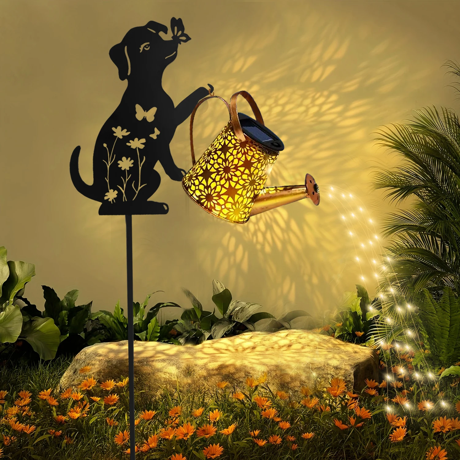 Lampa solarna ogrodowa kot z konewką wisząca żółty