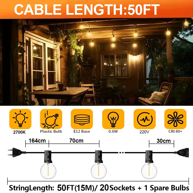 Lampki ogrodowe G40 LED z żarówkami kulami, wtyczka EU 50ft 20led