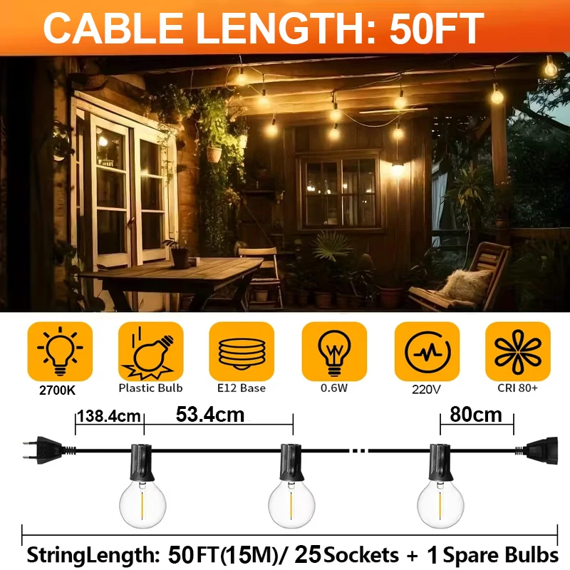 Lampki ogrodowe G40 LED z żarówkami kulami, wtyczka EU 50ft 25led