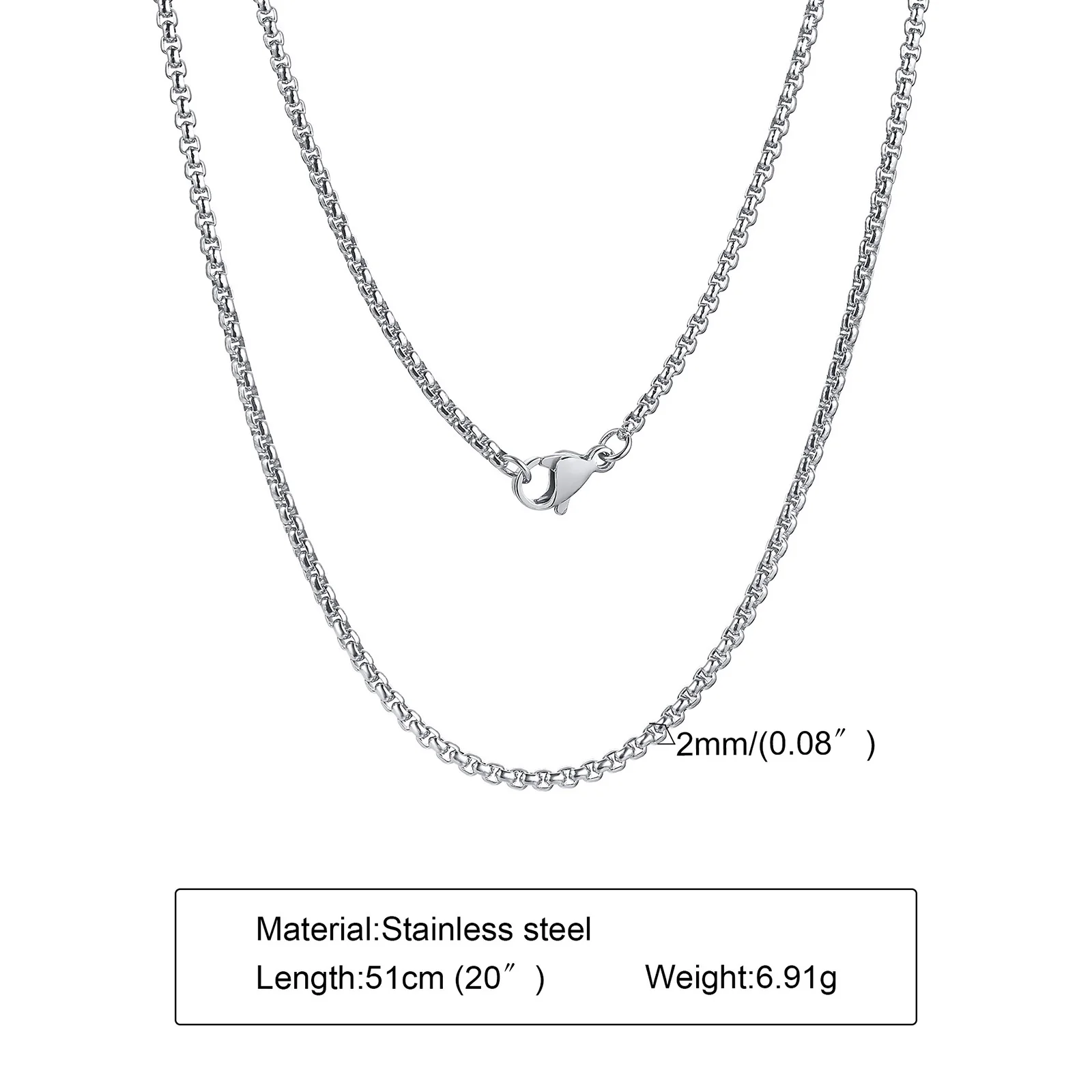 Łańcuszek box ze stali nierdzewnej - naszyjnik unisex Srebro 2mm
