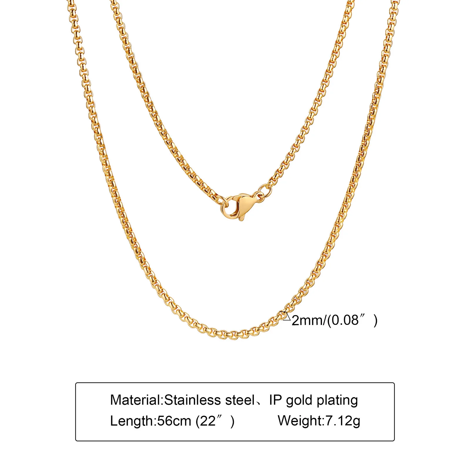 Łańcuszek box ze stali nierdzewnej - naszyjnik unisex Złoto 2mm