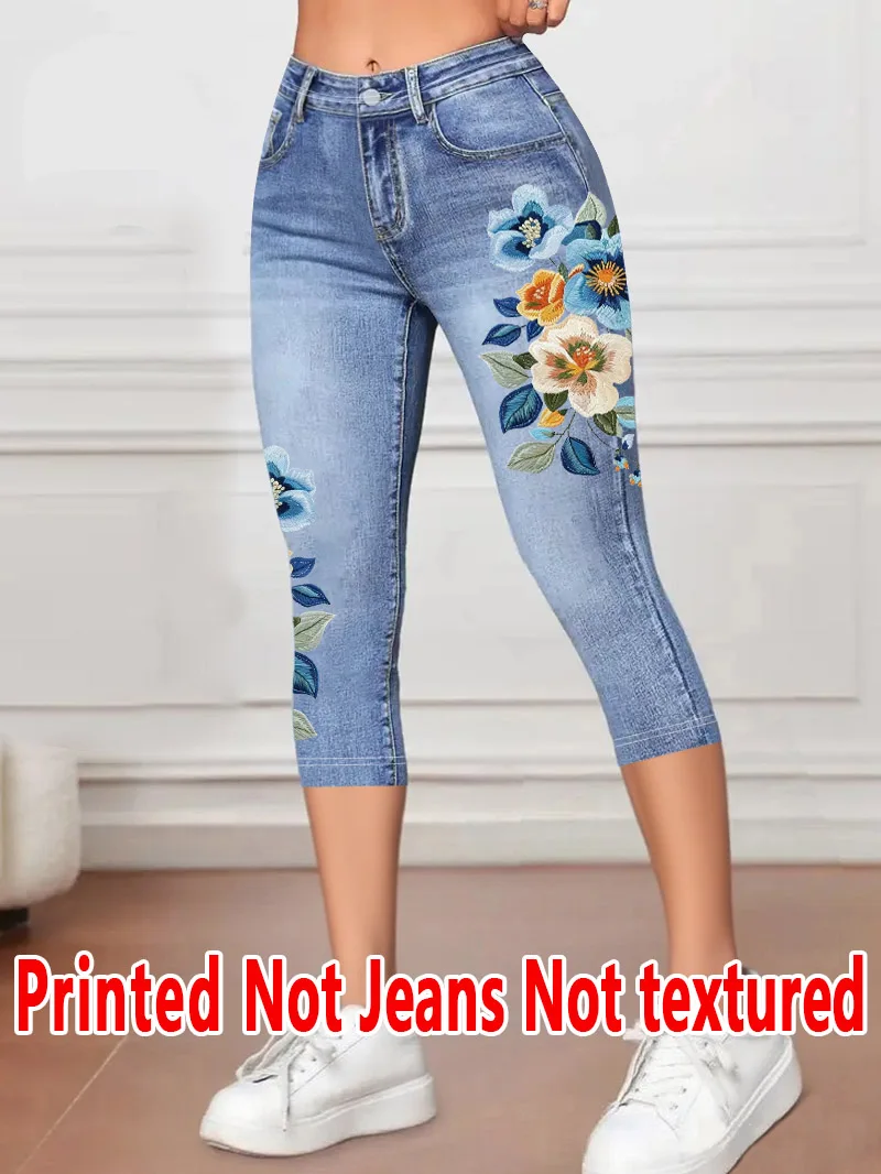 Legginsy capri z efektem denimu – damskie spodnie 3/4 bez tkaniny jeansowej Niebieski