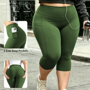 Legginsy capri plus size z kieszeniami i wysokim stanem Armijna zieleń