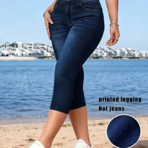 Damskie legginsy 3/4 z nadrukiem imitującym jeans Granatowy
