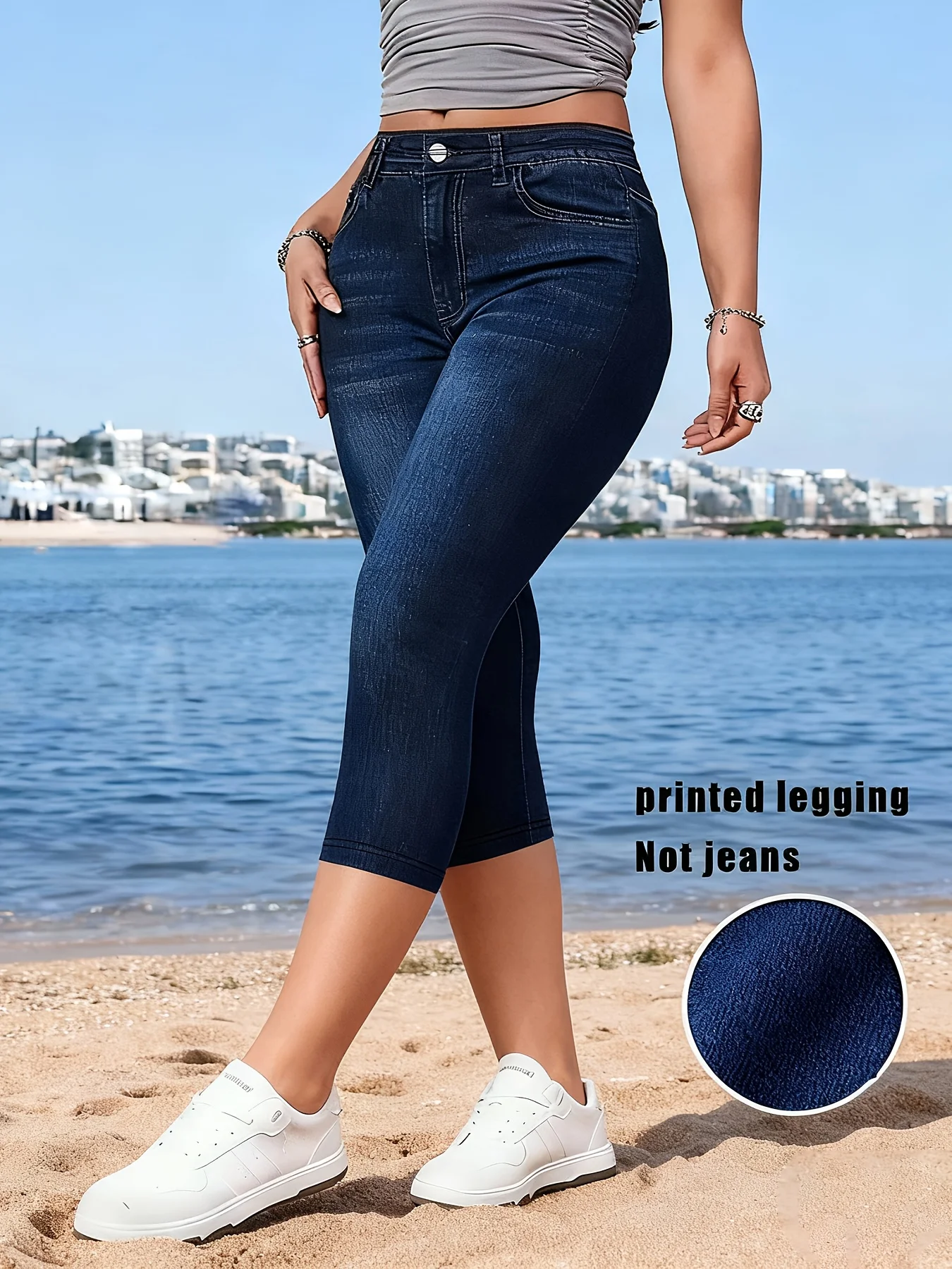 Damskie legginsy 3/4 z nadrukiem imitującym jeans Granatowy