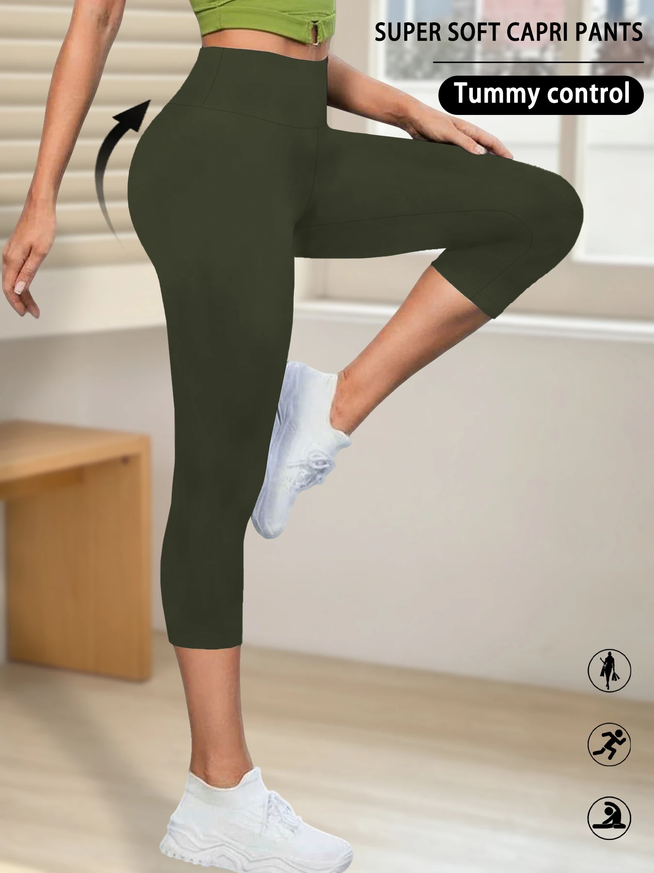 Damskie legginsy 3/4 z wysokim stanem do jogi i fitnessu Armijna zieleń
