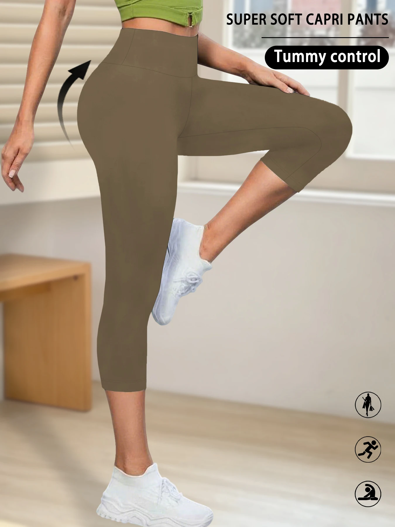 Damskie legginsy 3/4 z wysokim stanem do jogi i fitnessu Brązowy