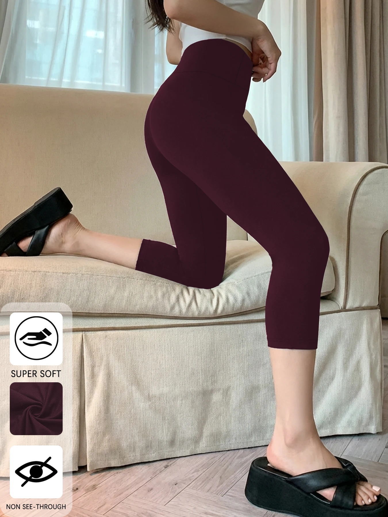 Damskie legginsy 3/4 z wysokim stanem do jogi i fitnessu Burgundia
