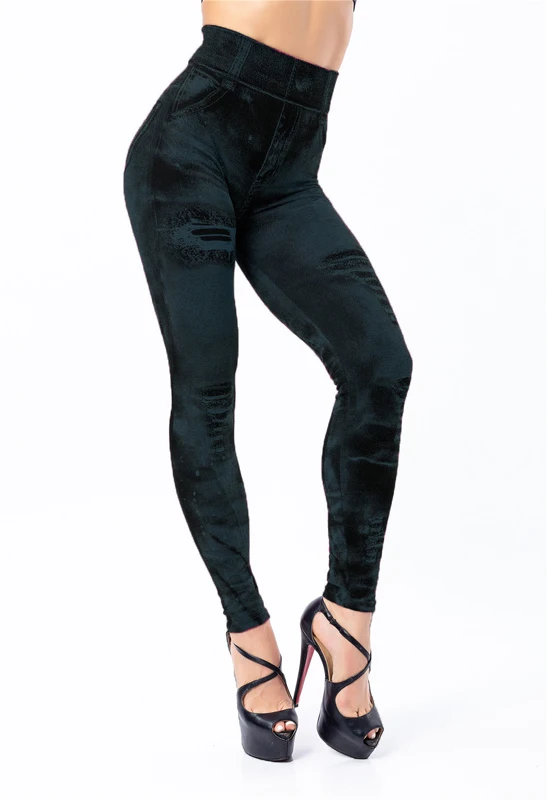 Legginsy damskie imitacja jeansu z wysokim stanem Czarny