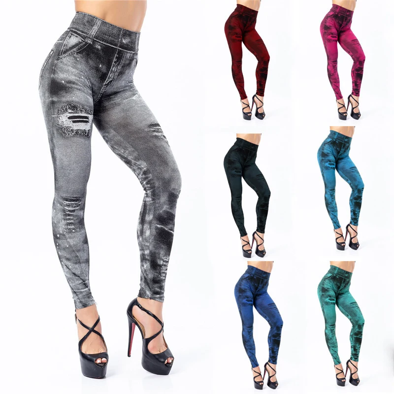 Legginsy damskie imitacja jeansu z wysokim stanem Czerwony