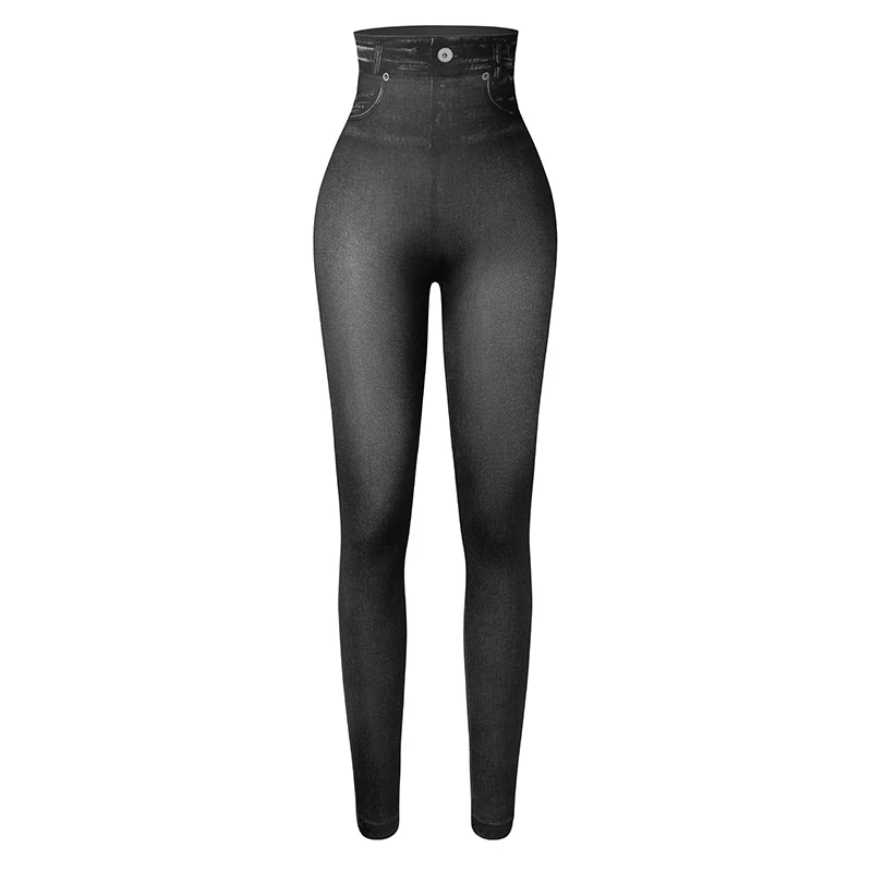 Legginsy damskie z wysokim stanem imitujące jeans Czarny