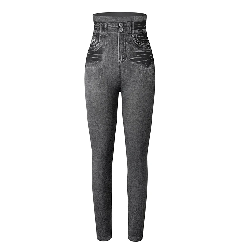Legginsy damskie z wysokim stanem imitujące jeans Szary