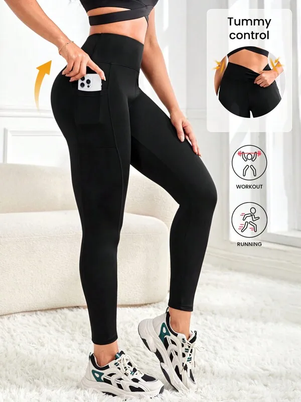 Damskie legginsy do jogi z wysokim stanem i kieszeniami Czarny