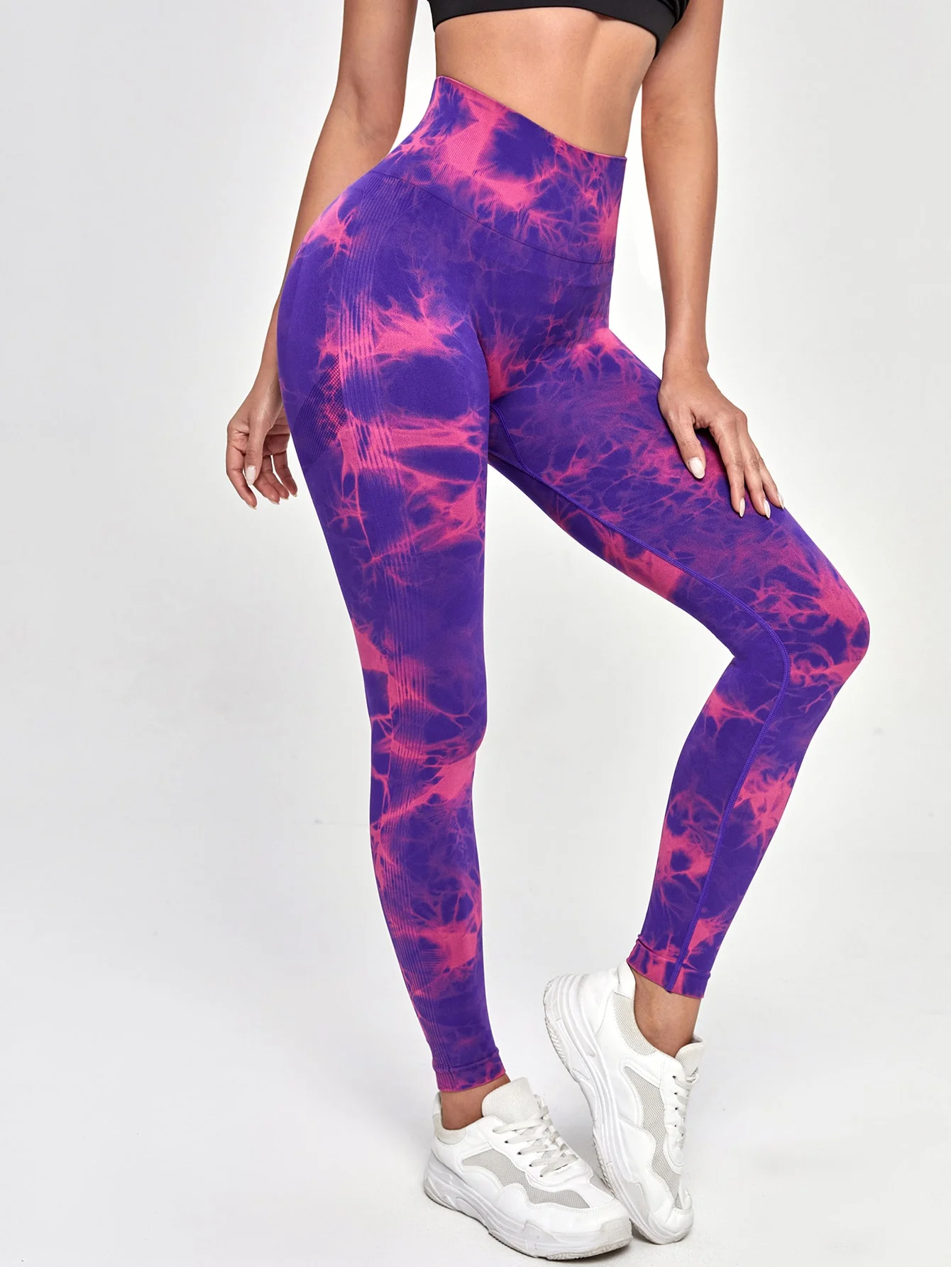 Legginsy do jogi z wysokim stanem, wzór tie-dye Fioletowy