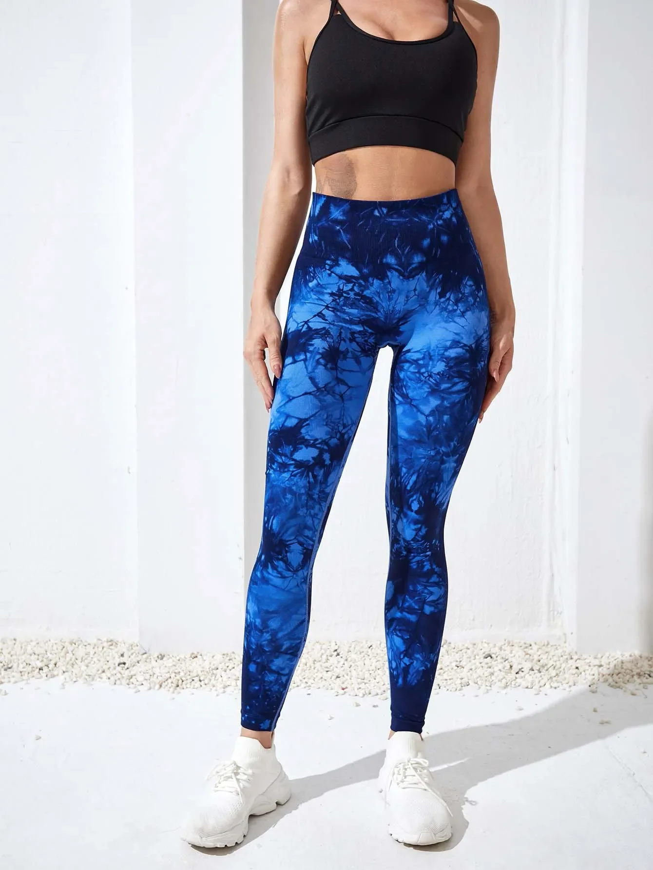 Legginsy do jogi z wysokim stanem, wzór tie-dye Kobaltowy