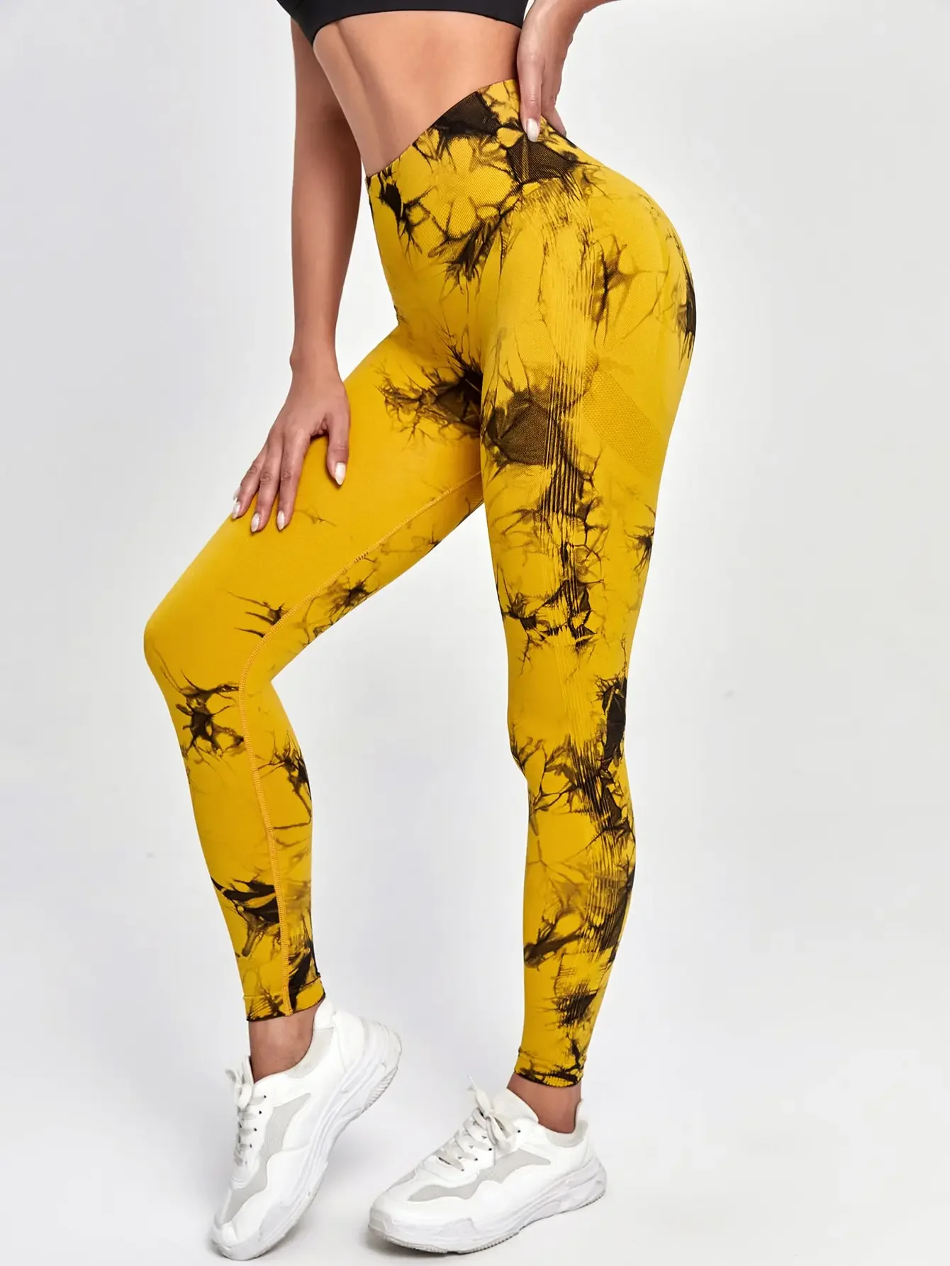 Legginsy do jogi z wysokim stanem, wzór tie-dye Żółty