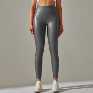 Legginsy ze sztucznej skóry PU z wysokim stanem – wyszczuplające Błękitny