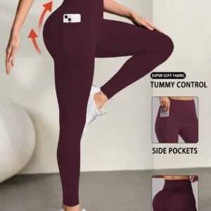 Legginsy z kieszeniami i wysokim stanem dla kobiet Burgundia