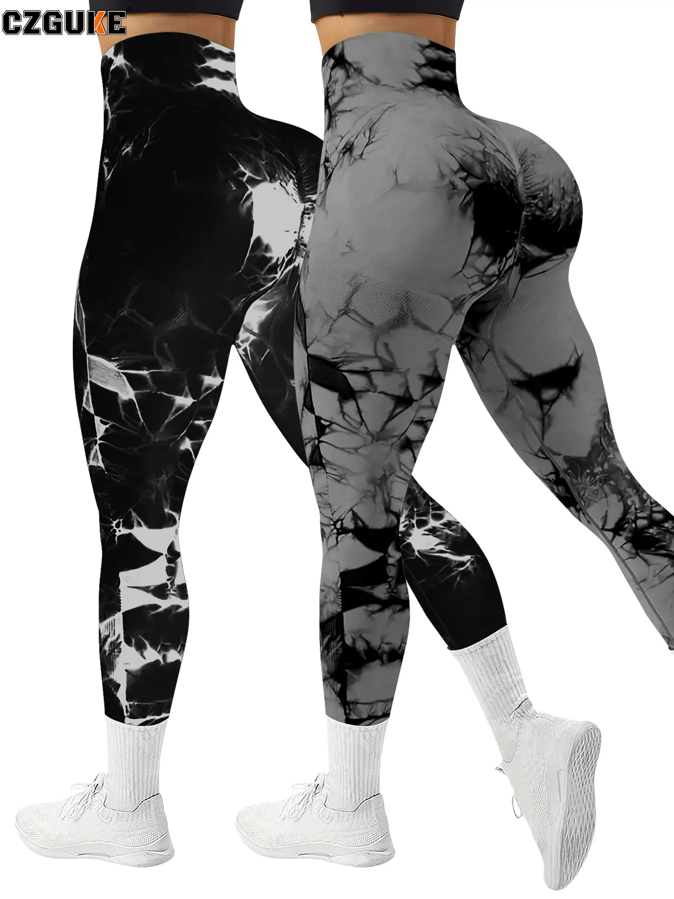 Leginsy sportowe damskie tie dye push up zestaw 2 sztuki Czarny