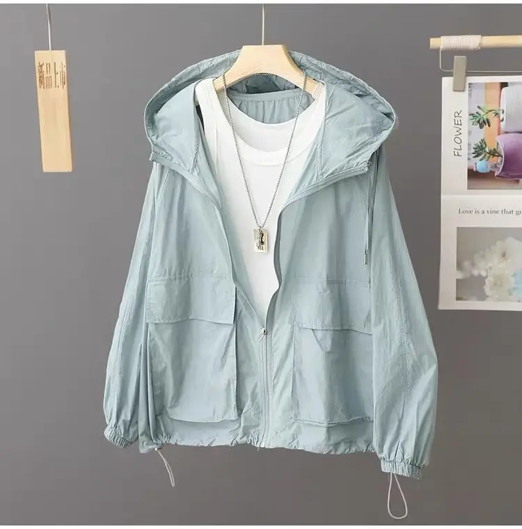 Lekka kurtka przeciwsłoneczna z kapturem oversize plus size Niebieski