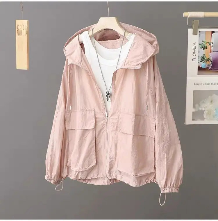 Lekka kurtka przeciwsłoneczna z kapturem oversize plus size Różowy