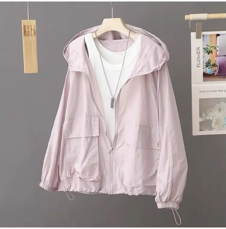 Lekka kurtka przeciwsłoneczna z kapturem oversize plus size Fioletowy