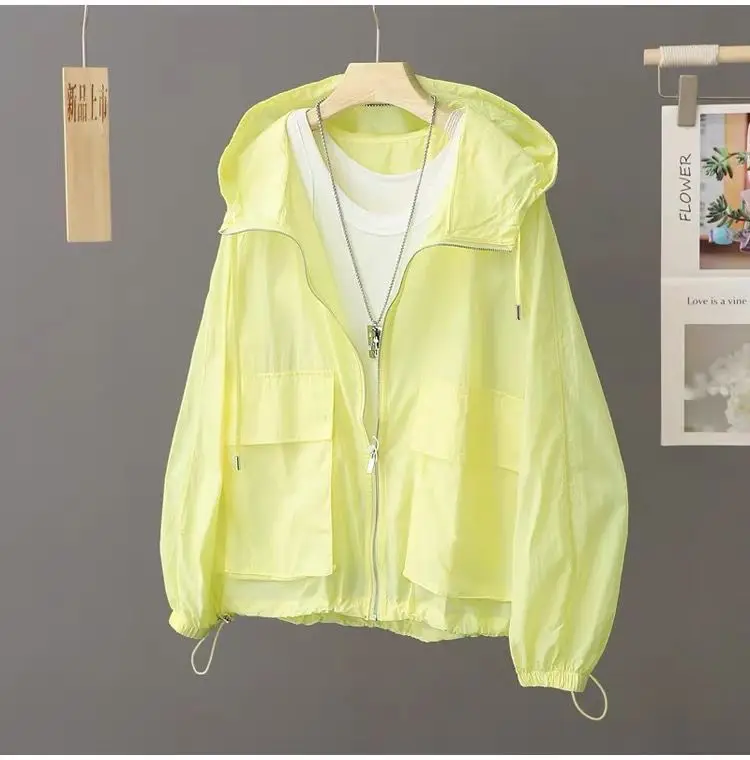 Lekka kurtka przeciwsłoneczna z kapturem oversize plus size Żółty