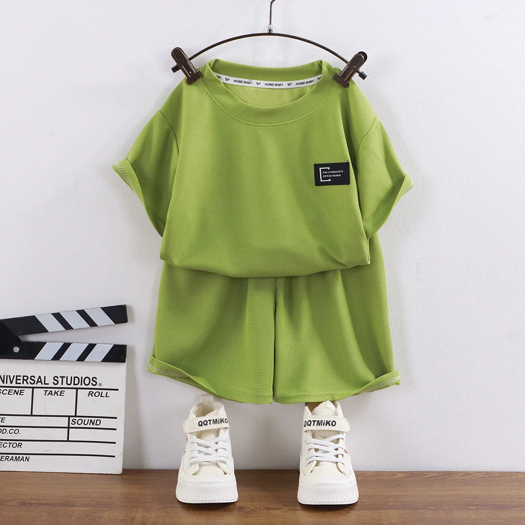 Letni komplet dla dzieci z dzianiny wafel - koszulka i szorty Zielony